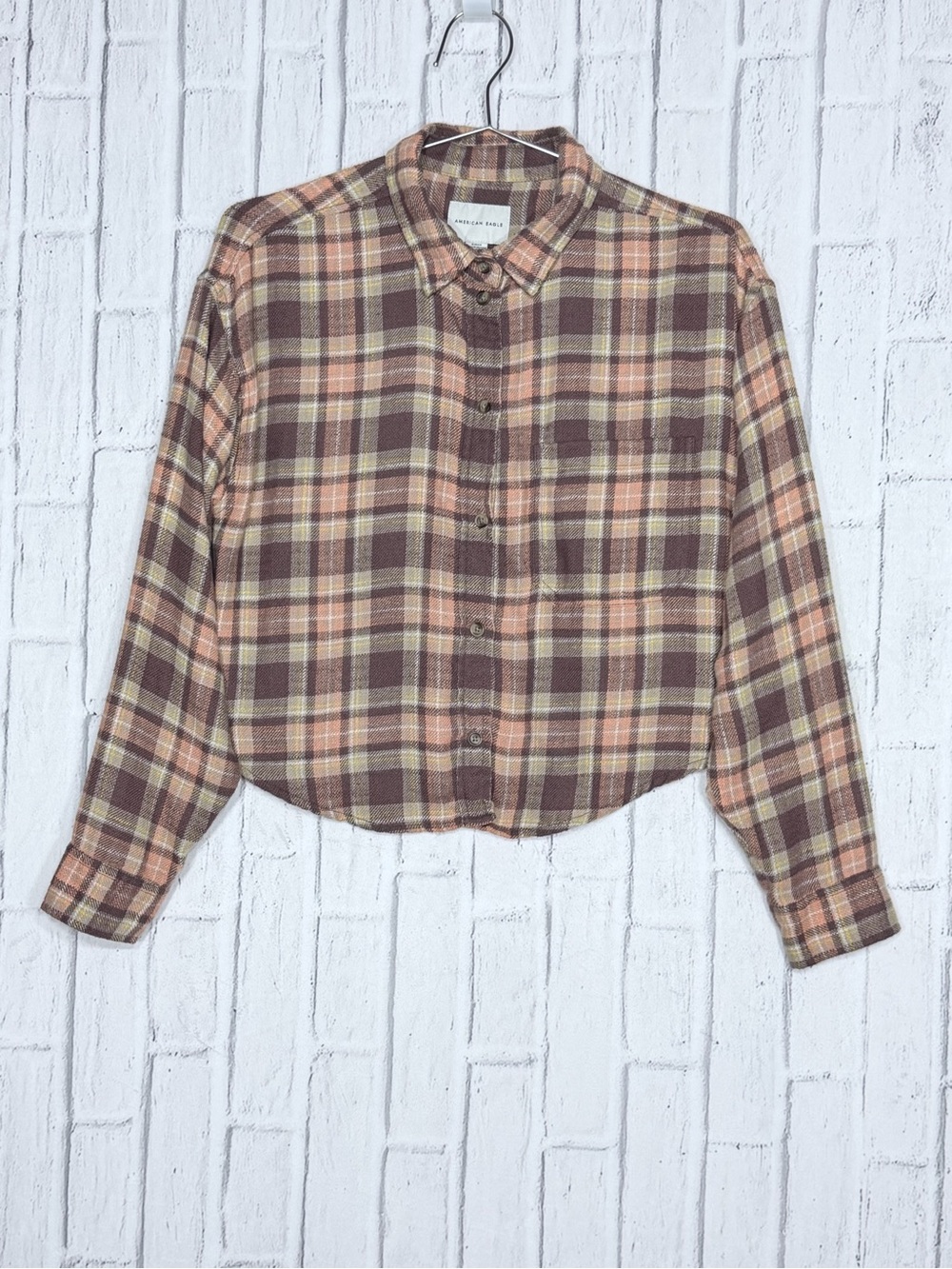 American Eagle Outfitters Plaid Button-Down Shirt in Brown and Cream SMALL